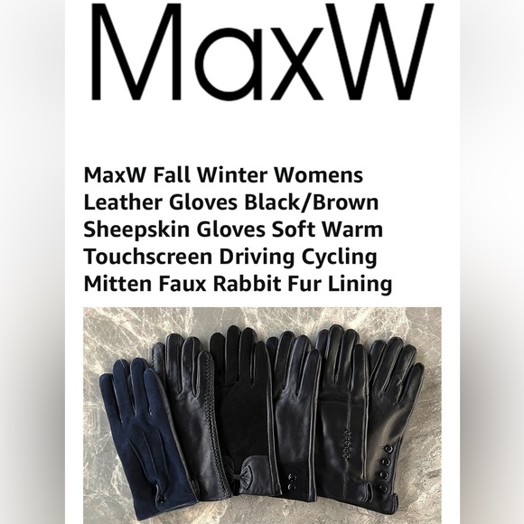 MaxW Women’s Black Sheepskin Leather & Faux Suede Bow Gloves Size Small - Picture 2 of 11